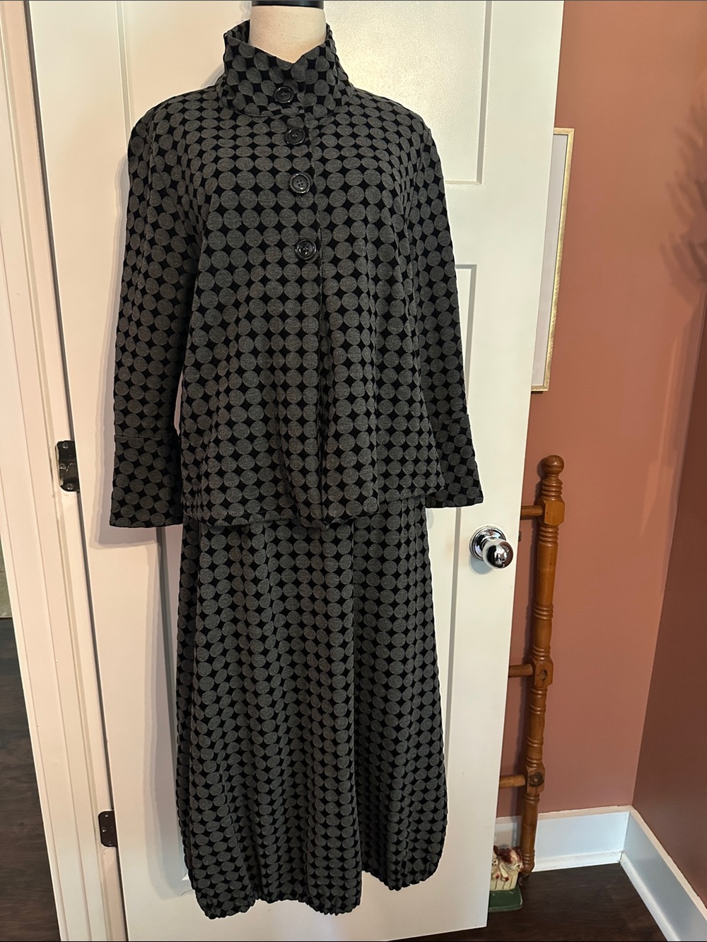 bryn Walker 2-piece polka dot black gray S/M Lagenlook jacket & skirt set